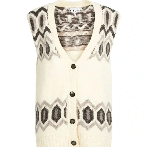 GANNI NWT Intarsia Graphic Knit Oversized Wool Vest Egret White S M $445 - Picture 7 of 14